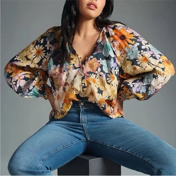 ANTHROPOLOGIE Maeve Moxy Collective Blouse Button Up Watercolor Floral Linen 1X - Picture 2 of 13